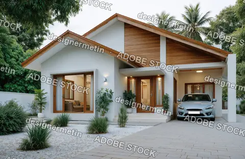 Modern Tropical House Exterior With Wooden Roof Details White Walls Landscaped Garden And Driveway At Sunset
