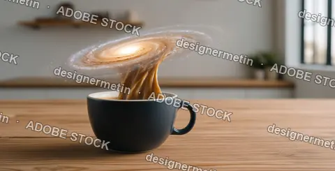 Coffee Cup Erupting Galaxy Swirl In Kitchen, Surreal Fusion Of Cosmos, Caffeine, Imagination And Morning Routine