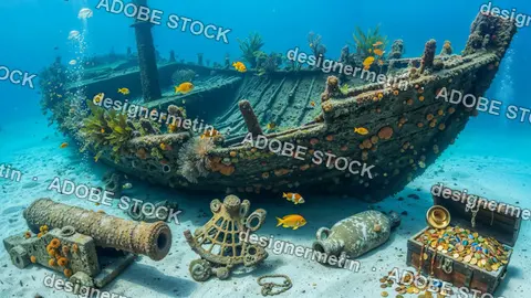Underwater Shipwreck With Treasure Chest Cannon And Fish Surrounded By Coral Reef And Blue Ocean