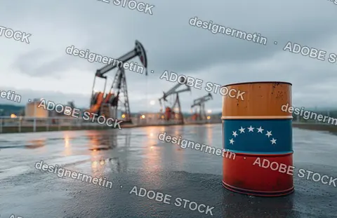 Oil Barrel With Venezuelan Flag Colors Standing On Wet Ground Near Pumpjacks Symbolizing Energy Industry Crisis Economy Politics