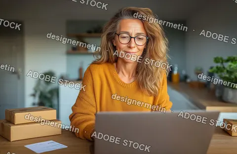 Relaxed Female Customer Shopping Online With Laptop, Surrounded By Delivery Boxes At Home Interior