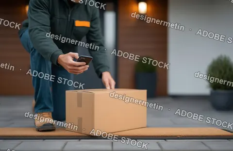 Courier Placing Cardboard Package At Doorstep While Scanning With Smartphone For Final Delivery Confirmation