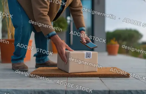 Courier Scanning QR Code On Cardboard Box During Package Delivery At Doorstep In Residential Area