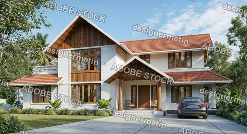 Modern Villa With Tropical Landscaping, Pitched Red Roof, Large Windows, Wood Elements And Concrete Driveway