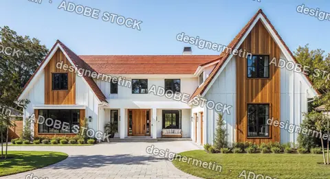 Modern Suburban Farmhouse Exterior With White Siding Wood Accents Red Roof Black Windows And Landscaped Green Front Yard