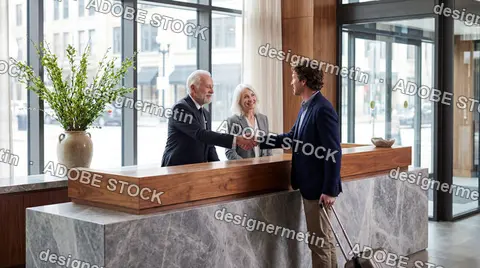 Business Traveler Greeting Hotel Staff With Handshake At Modern Reception Desk In Luxury Lobby During Daylight Arrival