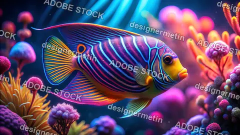 Futuristic Neon Royal Angelfish Glowing Among Colorful Corals In Vibrant Cinematic Underwater Fantasy Scene