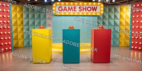 Retro Style Game Show Set With Colorful Buzzers And Vintage Lighting For Entertainment Concepts