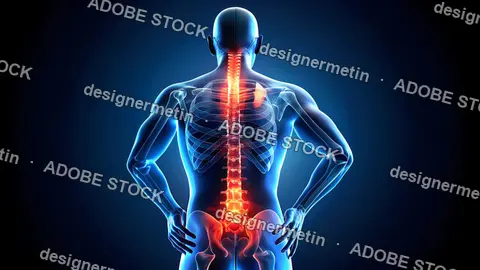 Medical Illustration Of Back Pain With Red Highlights Showing Spinal Inflammation And Injury Area