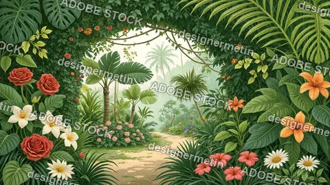 Tropical Botanical Garden Illustration Filled With Lush Green Plants, Flowers, And Pathway Perspective