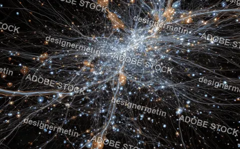 Abstract Visualization Of Neural Network Or Galaxy Cluster With Glowing Data Nodes Connected By Luminous Lines On Black Background
