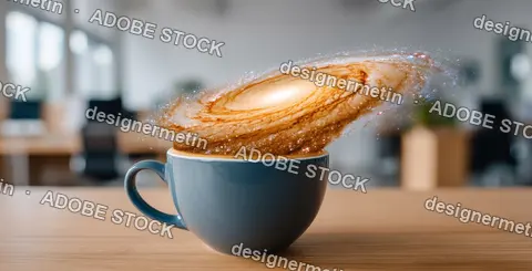 Surreal Galaxy Swirling From Coffee Cup On Office Desk Blending Cosmic Imagination With Caffeine In Creative Workplace Concept