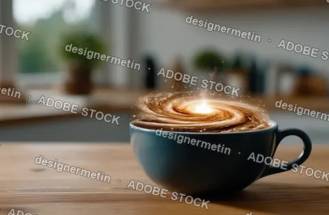 Fantasy Galaxy Swirling Inside Coffee Cup On Wooden Table With Cozy Blurred Kitchen Background And Soft Morning Light