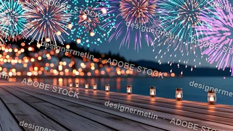 Colorful Fireworks Exploding Over Lakeside Wooden Pier With Lantern Lights At Night Video Festive Celebration Holiday Atmosphere Concept