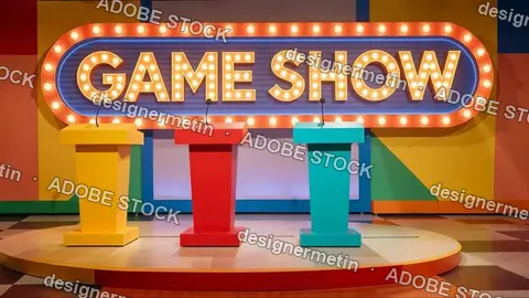 Colorful Game Show Stage With Three Podiums And Marquee Sign Video Entertainment Television Studio Production Set Design Concept