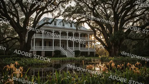 Historic Southern Plantation House Surrounded By Oak Trees Reflecting Heritage Architecture Culture Tranquility Timeless Elegance