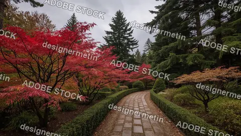 Peaceful Winding Stone Garden Path Between Red Maples And Tall Green Trees Under Cloudy Overcast Sky
