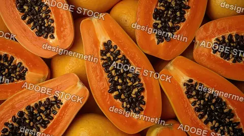 Close-Up Of Juicy Ripe Papayas With Black Shiny Seeds In Orange Flesh, Tropical Fruit Food Background