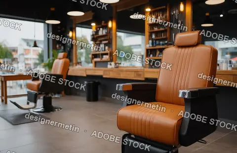Modern Barbershop Interior With Leather Chairs Wood Shelves Professional Grooming Workspace Design