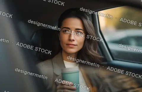 Thoughtful Woman With Reusable Coffee Cup Sitting In Car Reflecting During Quiet Commute