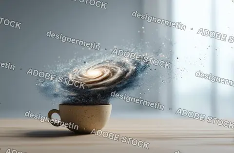 Surreal Photorealistic Coffee Cup Releasing Spiral Galaxy Cosmic Dust Energy Concept On Minimal Wooden Table Background
