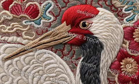 Detailed Embroidered Crane Bird Textile Art With Traditional Asian Floral Patterns Rich Threads And Decorative Craftsmanship Background Design