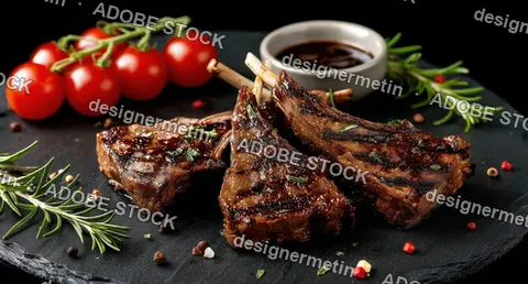 Grilled Lamb Ribs Served On Dark Slate With Rosemary Cherry Tomatoes And Savory Sauce Gourmet Food Presentation