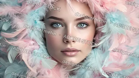 Closeup Beauty Portrait Of Dreamy Young Woman With Feathers Surrounding Face In Surreal Pastel Atmosphere