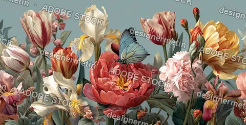 Artistic Vintage Floral Scene With Blooming Tulips And Butterflies In Spring Garden Against Teal Backdrop