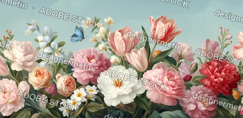 Colorful Peonies Tulips And Irises In Full Bloom With Blue Butterfly Against Soft Cloudy Background Sky