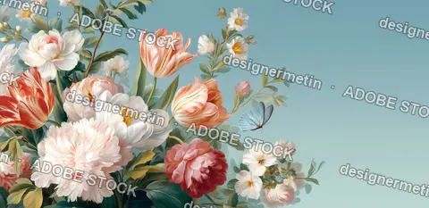 Light Pastel Floral Arrangement With Peonies Tulips And Butterfly On Minimal Blue Background For Decor