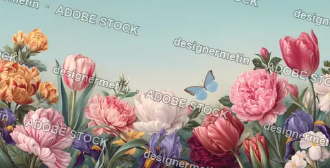 Bright Spring Flowers In Bloom With Butterfly Illustration On Sky Background For Floral Decorative Design