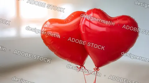 Two Shiny Red Heart Shaped Balloons Floating In Room Symbolizing Love Romance Valentine Wedding Celebration