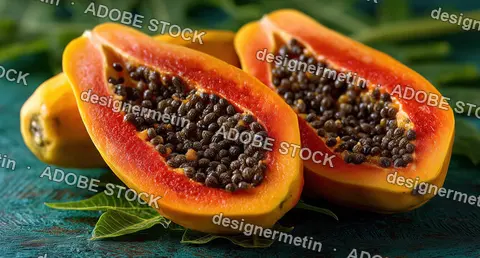 Ripe Sliced Papaya With Seeds On Tropical Leaf Background Showing Vibrant Exotic Fruit Freshness And Nutrition