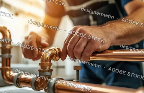 Closeup Hands Of Plumber Working On Copper Pipes During Installation Maintenance Repair Service In Residential Bathroom