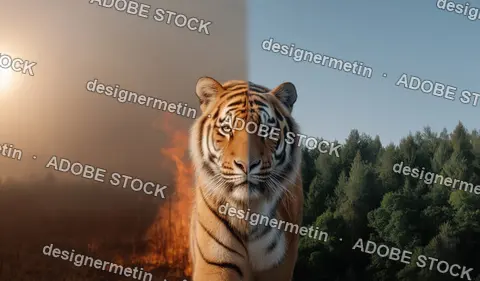 Stylized Image Of Tiger Facing Viewer Split Background Showing Forest Conservation And Wildfire Climate Destruction
