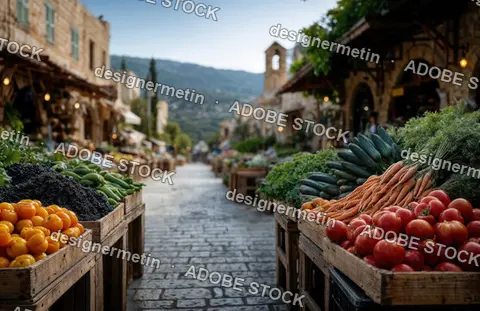 Charming Village Street Market Displaying Colorful Fresh Vegetables On Rustic Wooden Stalls Beneath Historic Stone Architecture Backdrop