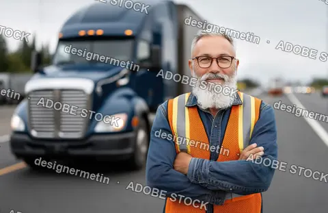 Confident Truck Driver Standing On Highway With Semi Trailer And Reflective Safety Vest During Daytime Transport Operations