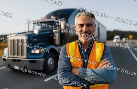 Professional Transport Driver Posing Beside Freight Truck On Open Road Wearing Safety Vest At Sunset Logistics Route