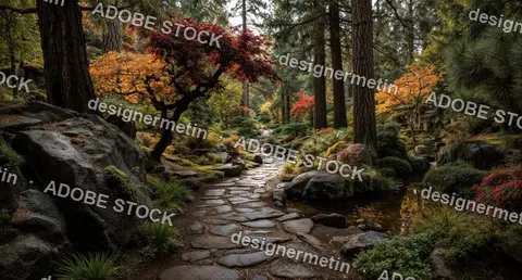 Serene Forest Trail With Natural Stone Pathway Meandering Beside Gentle Stream In Autumn Lush Botanical Garden Setting
