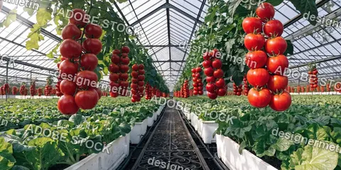 Vibrant Greenhouse Rows With Hanging Tomatoes And Lush Greens, Illustrating Sustainable Farming, Controlled Environment Agriculture And Harvest.