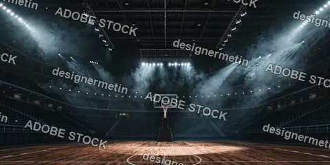 Empty Professional Basketball Arena Illuminated By Dramatic Spotlights Showcasing Polished Court And Stadium Seating