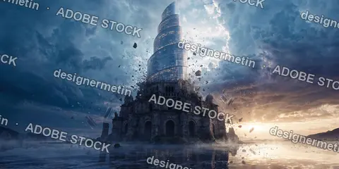 Futuristic Glass Tower Emerging From Ancient Stone Ruins Amid Dramatic Clouds And Reflective Water