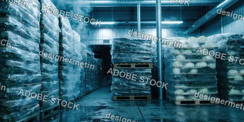 Interior Of Cold Chain Industrial Warehouse Storing Fresh Palletized Food Produce Wrapped In Plastic With Freezing Vapor