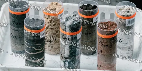 Core Sample Cylinders Filled With Layered Sand, Gravel, And Rock Fragments, Labeled Containers For Geology Study, Laboratory Sorting And Mineral Analysis, Clean Background Detail Copy Space For Brandi