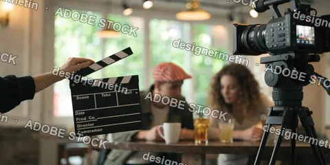 Professional Video Camera And Clapperboard On Movie Set With Actors Sitting At Cafe Table In Blurred Background