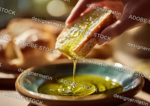 Fresh Artisan Bread Dipped In Extra Virgin Olive Oil With Golden Drizzle Rustic Mediterranean Food Closeup Photography