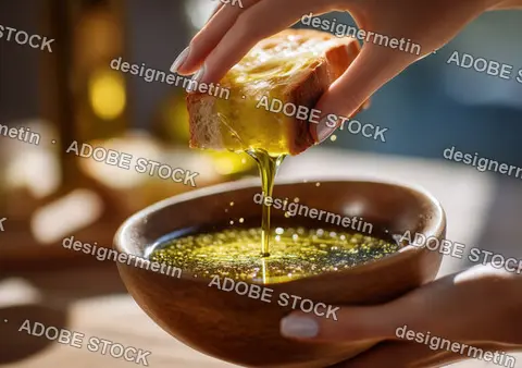 Female Hand Dipping Slice Of Crusty Bread Into Wooden Bowl Filled With Golden Organic Extra Virgin Olive Oil