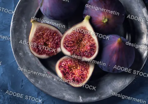 Fresh Ripe Organic Purple Figs Whole And Halved On Rustic Metal Plate With Dark Blue Background Food Photography