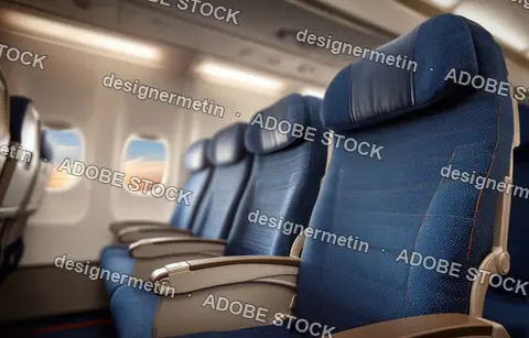 Empty Commercial Airplane Cabin With Blue Passenger Seats And Window View At Sunset During Flight Travel Experience